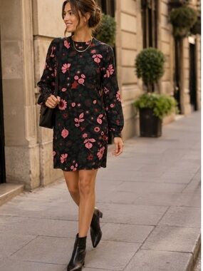 Boden Cristobel Dress Women Sz 4 Pink Green Floral Modest Mock Neck Retro Shift